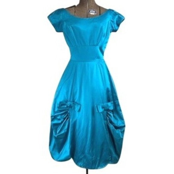 Vintage Dresses & Skirts - Vintage Teal Blue 50's Dress Womens (S) Satin Bows Midi Prom Rockabilly ILGWU